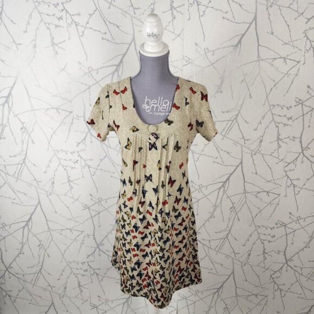 Purplish London Butterflies Print Scoop Neck Pleated Flowy Dress
